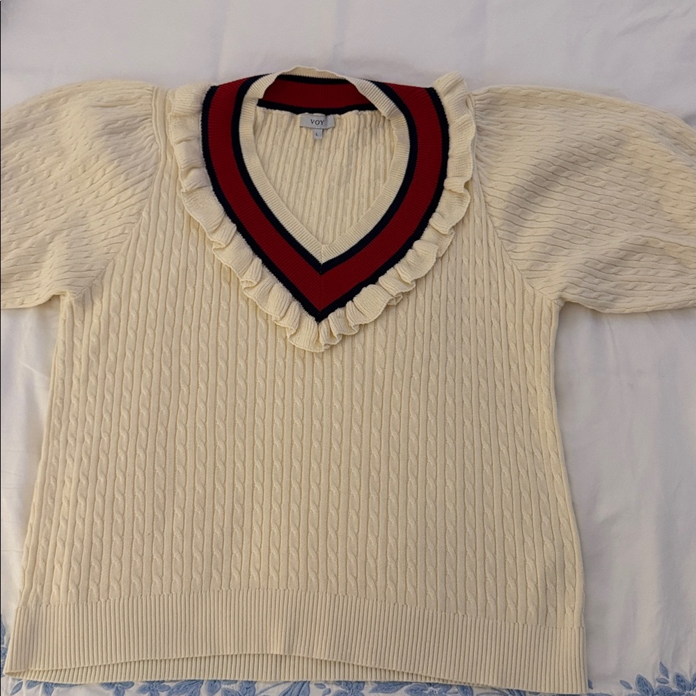 Cream Cable Knit Sweater with Red and Blue Trim